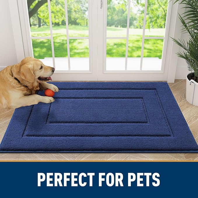 Smiry Dog Door Mat for Muddy Paws, Absorbs Moisture and Dirt, Low-Profile Entryway Mat with Non-Slip Backing, Entry Indoor Outdoor Doormat for Inside Floor (30x20 Inches, Navy Blue, Bordered) - Image 7