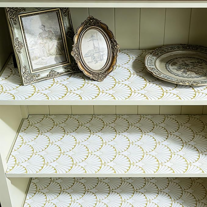 Shelf Liners Non Adhesive Gold Background White Fan-Shaped Pattern - Thickened Non-Slip Easy to Clean Drawer Liner for Kitchen Cabinets, Tool Box,Refrigerator,with Knife & Tape Measure,12in x 10FT - Image 5