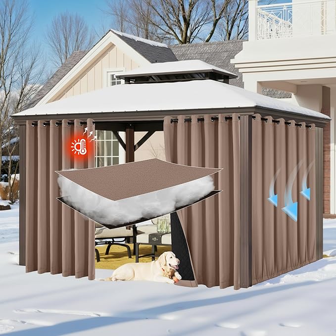 RYB HOME Outdoor/Indoor Thermal Insulated Fade-Resistant Blackout Curtains Extra Long with Cotton Interlining for Winter, Waterproof Curtains for Patio Bedroom, W 52 x L 108, Mocha, 2 Panels by RYBHOME
