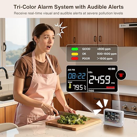 16 in 1 Air Quality Monitor Indoor 10h Battery & 5.5" Display 9 AQI+7 AQI Alerts, CO2 Monitor Air Quality Tester for CO2, TVOC, PM2.5 PM1.0 PM10, HCHO Temperature Humidity AQI & Time Air Quality Meter - Image 5