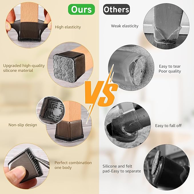 24PCS Extra Small Chair Leg Floor Protectors, Furniture Sliders, Chair Leg Protectors for Hardwood Floors, Non-Slip Felt Furniture Pads, Square Silicone Cap Covers to Protect Floors(Fit 0.5" - 0.75") - Image 6