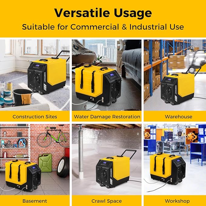 COSTWAY 190 PPD Commercial Dehumidifier with Pump, Rotational Molded Crawl Space Dehumidifier with 26Ft Drain Hose for Water Damage Restoration, Basement (Yellow) - Image 6