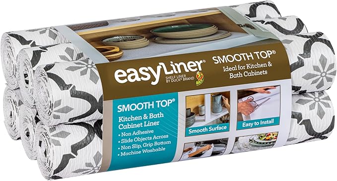 Smooth Top EasyLiner for Cabinets & Drawers - Easy to Install & Cut to Fit - Shelf Paper & Drawer Liner Non Adhesive - Non Slip Shelf Liner - 20in. x 6ft. - 6 Roll Project Pack - Gray Quatrefloral by DuckBrand