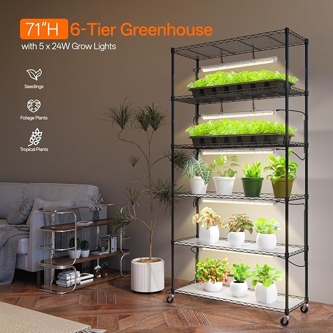 Bstrip Plant Shelf with Grow Light, Metal Plant Stand with Adjustable Rack and Wheels, 5 Pack T8 Full Spectrum Grow Light Strip for Indoor Plants, Seed Starting, Seed Tray, 35.4"x13.8"x71" - Image 3