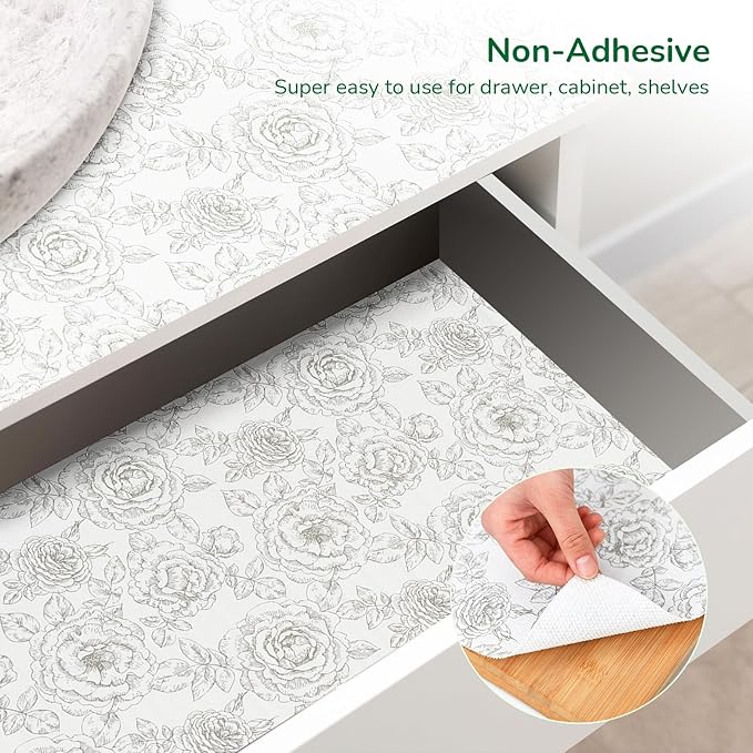 Floral Drawer and Shelf Liner for Kitchen, Non-Slip Non-Adhesive Cabinet Liners for Cupboard, Dresser, Shelves, Tool Box, Pantry, Thickened Easy Install, Strong Grip, 11.8In x 20FT, Rose - Image 3