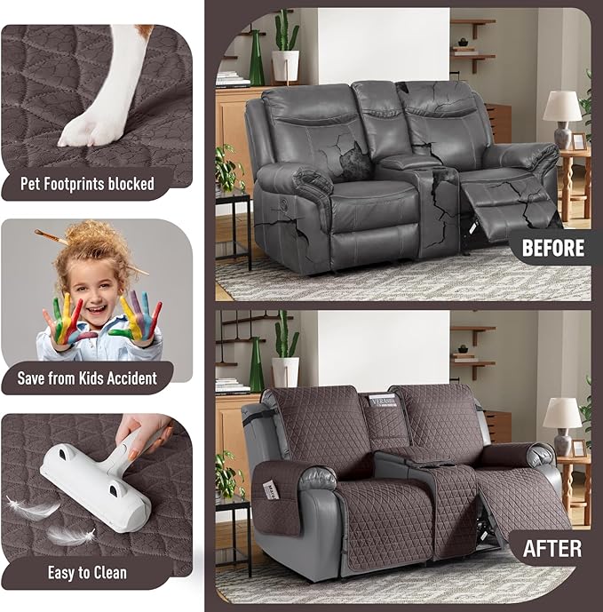 TAOCOCO 100% Waterproof Loveseat Recliner Cover with Console, Non-Slip Washable Reclining Couch Cover for 2 Seats, Furniture Protector for Dogs, Dark Brown - Image 5