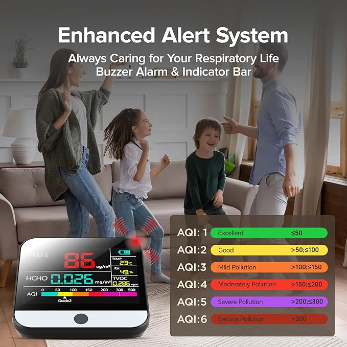 Xoopon 13 in 1 Air Quality Monitor Indoor Portable PM1|PM2.5|PM10|TVOC|Formaldehyde|Temp|Humidity and 6AQI Detector with Beep Alarm,Easy to Use,Highly Accurate Air Quality Tester for Home,Office - Image 4