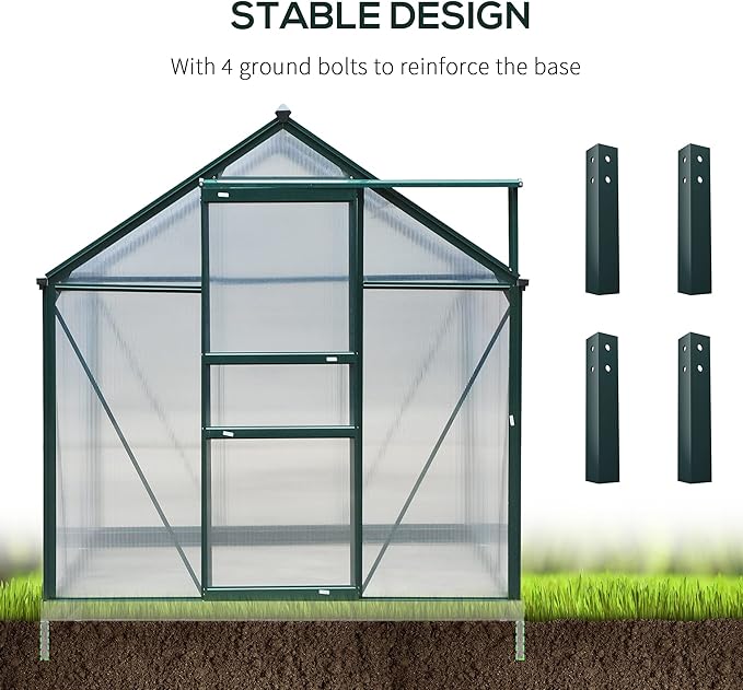 Outsunny 6' x 8' Greenhouse for Outdoors, Polycarbonate Greenhouse with Rain Gutter and Roof Vent, Aluminum Walk-in Green Houses for Outside for Patio Backyard Garden, Dark Green - Image 5