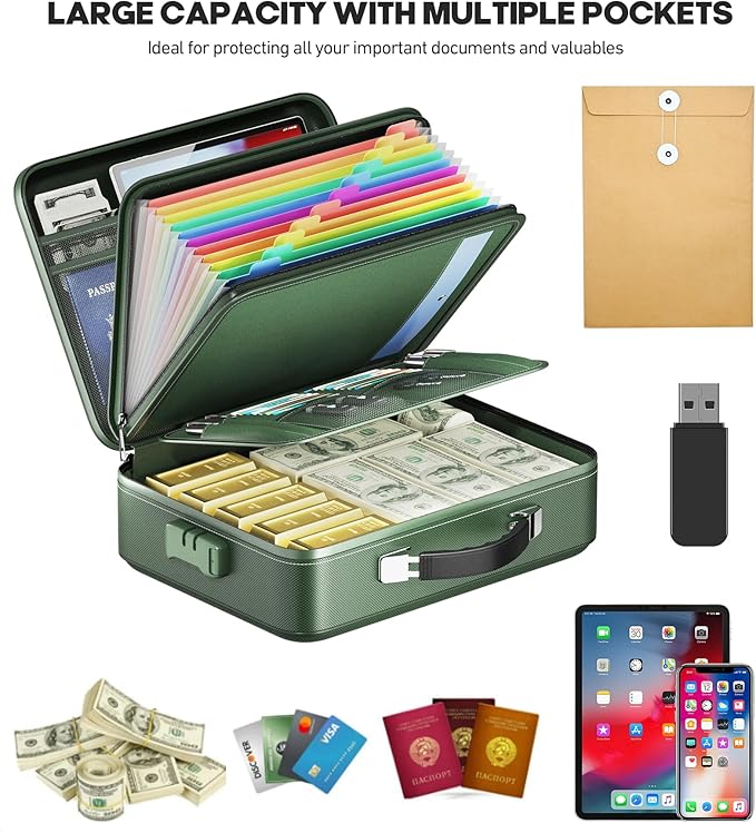 Fireproof Document Box, Hard Case Highly Flame-Resistant Fire Proof Waterproof File Organizer with Lock, Portable Fire Safe for Important Documents & Valuables Storage (Green, ‎15"*11"*5") - Image 3