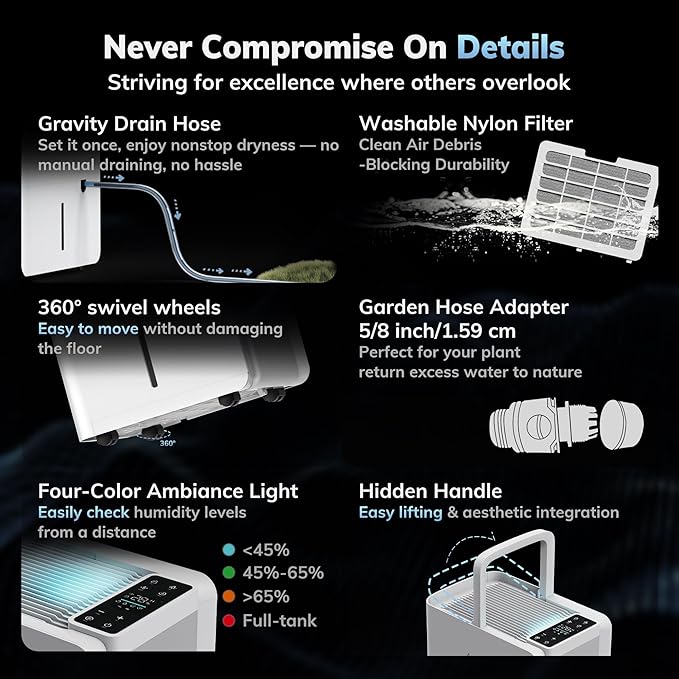 3500 Sq.Ft Basement Dehumidifier,AEOCKY Max 50 Pint/D Drain Hose Dehumidifier for Home,Bedroom,Bathroom,Room,Intelligent Humidistat,Quiet - Image 7