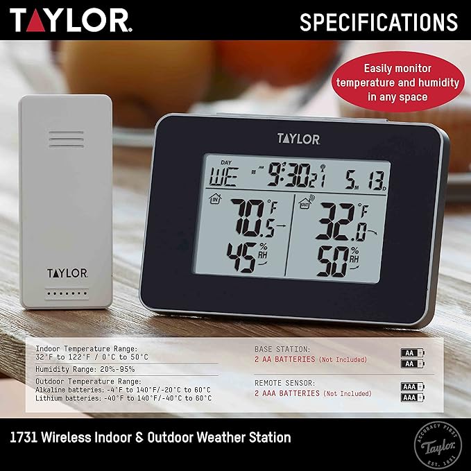 Taylor Wireless Digital Indoor Outdoor Thermometer and Hygrometer, Weather Station, Battery Powered, Alarm, Easy-to-Read Display for Home, Office, Greenhouse, Nursery, and Indoor Areas, Black - Image 4