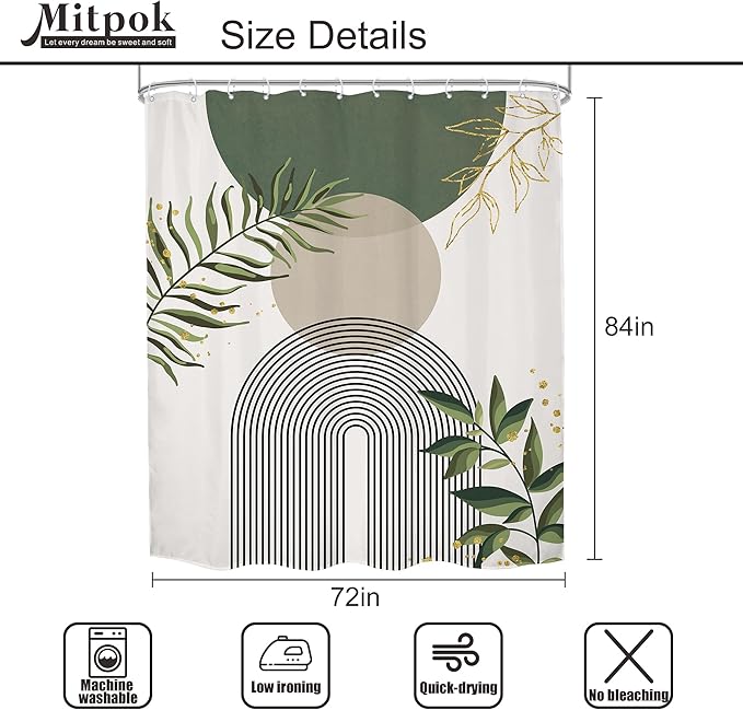 Green Boho Shower Curtain Extra Long Modern Abstract Bohemian Green Gold Minimalist Leaves Mid Century Arch Bathroom Decor Geometric Plant 72Wx84H Bath Curtain Fabric Polyester 12 Pack Hooks - Image 5