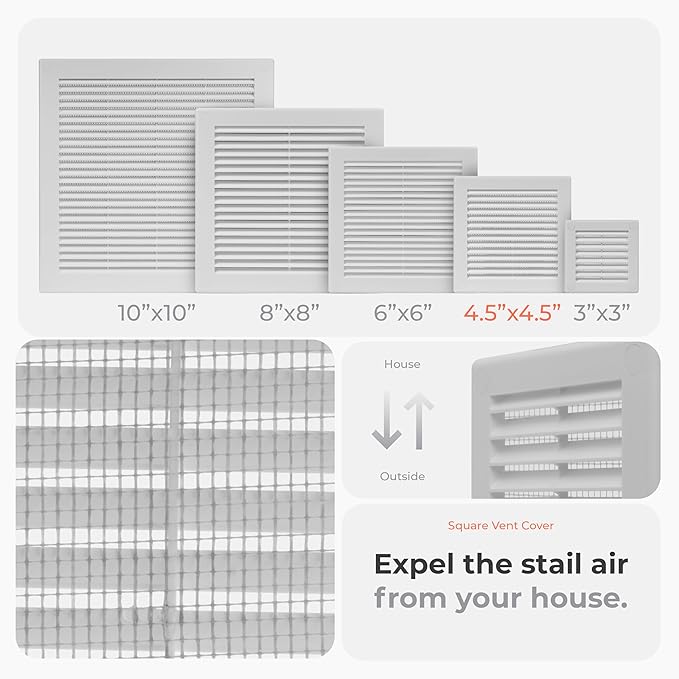 5-Pack 6" x 6" (Outer Size) Square Air Vent Cover – White Plastic Vent Deflector - Screen Mesh, Surface Mount Wall Ceiling – Cold Air Return Soffit Air Vent Cover - Register Indoor Outdoor - Image 3