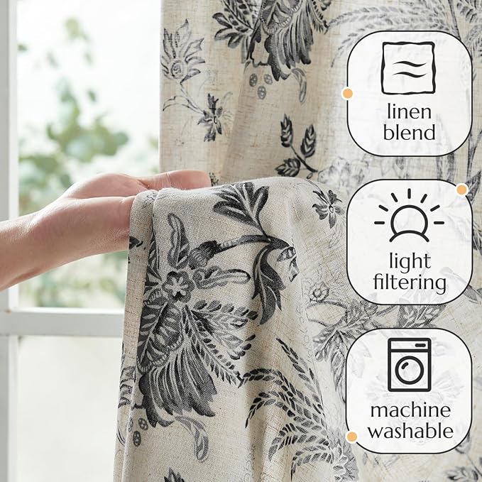 jinchan Linen Floral Curtains for Living Room with Printed Flower 96 Inches Long Light Filtering French Country Back Tab Rod Pocket Black Window Curtain Set Farmhouse Drapes 2 Panels Black - Image 4