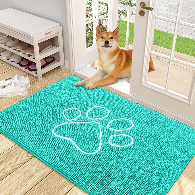 OLANLY Dog Door Mat for Muddy Paws 48x30, Paw Print Design, Absorbs Moisture and Dirt, Absorbent Non-Slip Washable Doormat, Quick Dry Chenille Mud Mat for Dogs, Entry Indoor Entryway Carpet, Teal by OLANLY