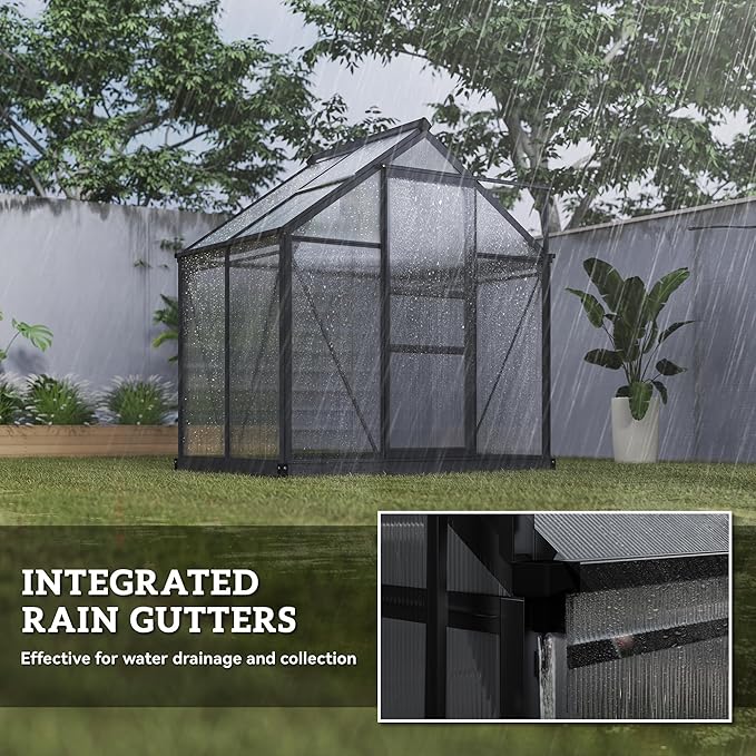 Outsunny 6' x 4' Greenhouse for Outdoors, Polycarbonate Greenhouse with Rain Gutter and Roof Vent, Aluminum Walk-in Green Houses for Outside for Patio Backyard Garden, Gray - Image 6