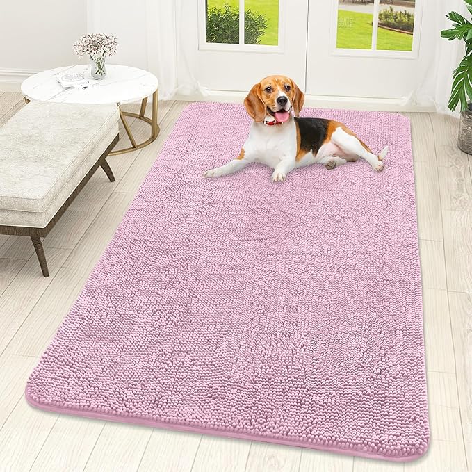 OLANLY Dog Door Mat for Muddy Paws 59x32, Absorbs Moisture and Dirt, Absorbent Non-Slip Washable Doormat, Quick Dry Chenille Mud Mat for Dogs, Entry Indoor Entryway Carpet for Inside Floor, Dusty Rose by OLANLY