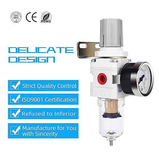 NANPU 1/4" NPT Compressed Air Filter Regulator Combo Piggyback, 5 Micron Brass Element, Poly Bowl, Semi-Auto Drain, Metal Bracket, 0-150 psi Gauge - Image 6