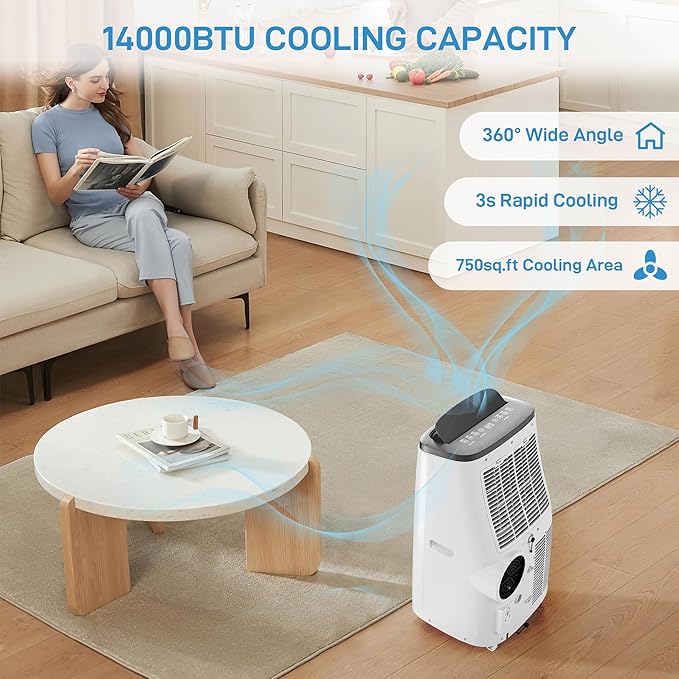 14000 BTU Portable Air Conditioner for Room up to 700 Sq.Ft - 3-in-1 Energy-Efficient AC Unit with Dehumidifier & 3-Speed Fan, Quiet Operation, Remote Control, Compact Design - Image 5