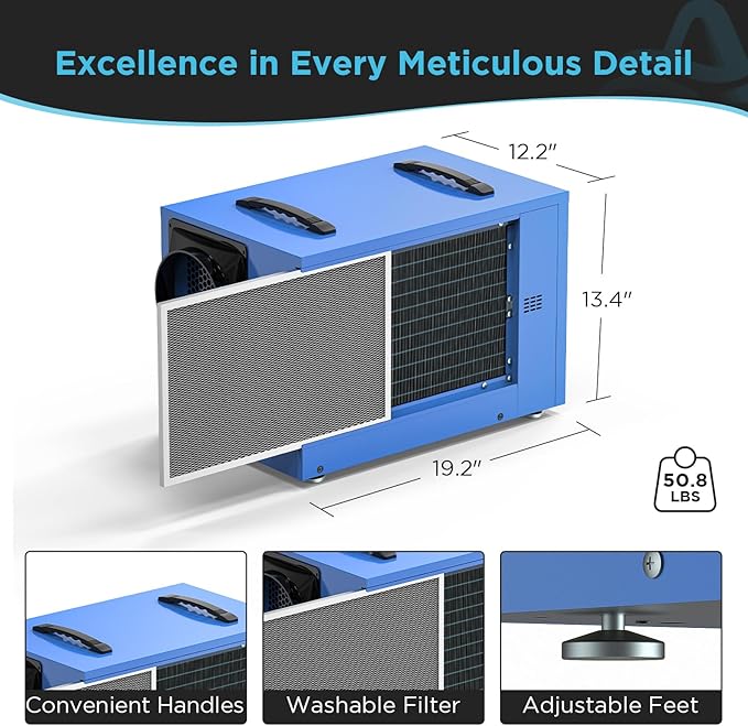 125 Pints Commercial Dehumidifier for Crawl Spaces & Basements with Drain Hose, Industrial Grade Water Damage Restoration for up to 6,000 sq ft, Auto Defrost, Memory Starting - Image 7
