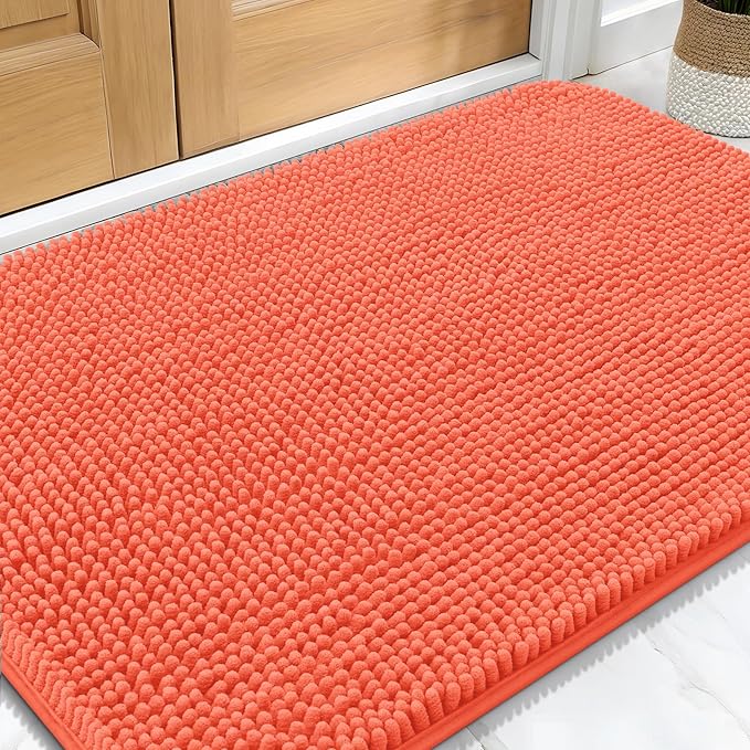 OLANLY Dog Door Mat for Muddy Paws 30x20, Absorbs Moisture and Dirt, Absorbent Non-Slip Washable Doormat, Quick Dry Chenille Mud Mat for Dogs, Entry Indoor Entryway Carpet for Inside Floor, Coral by OLANLY