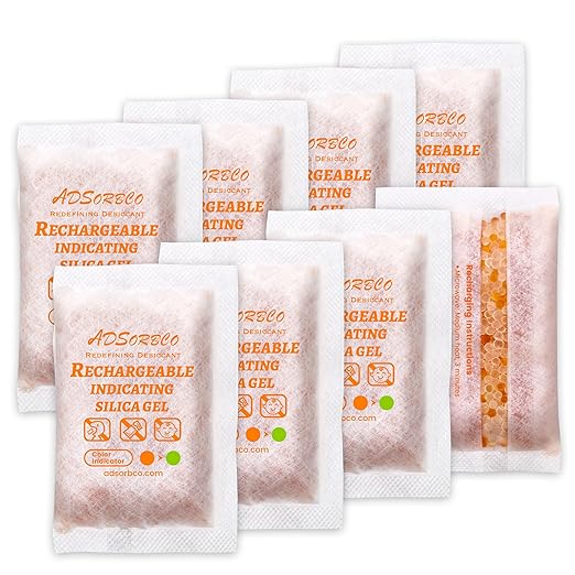 ADSorbco 50 Gram (8 Pack) Silica Gel Packets – Desiccant Packs for Storage, Reusable Moisture Absorbers with Color Change, Orange to Green, for Food, Electronics, Jewelry, Safes by SorbcoPackagingLLC