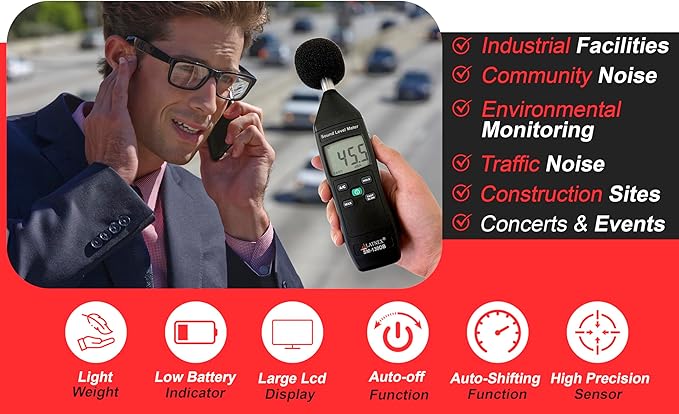 SM-130DB Digital Decibel Meter Reader and Sound Level Meter Type 2 with Calibration Certificate. Measurement Device for Environmental and Mechanical Noise Monitor - Manufacturing, Office, Classroom - Image 3