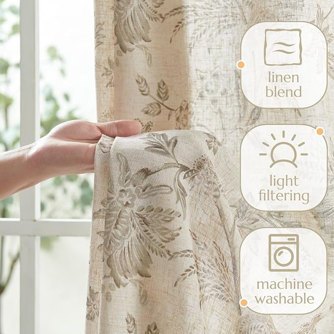 jinchan Linen Floral Curtains for Living Room with Printed Flower 63 Inches Long Light Filtering French Country Back Tab Rod Pocket Taupe Window Curtain Set Farmhouse Drapes 2 Panels Taupe - Image 4