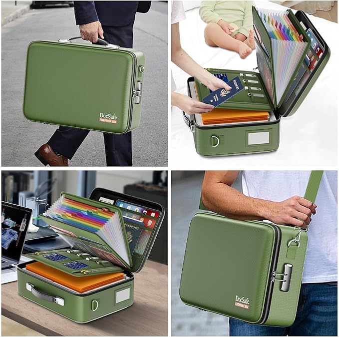DocSafe Fireproof Document Box with Lock, Hard Case File Organizer with Accordion File Folder, Fireproof Water Resistant Safe Box Home Office Travel Storage for Important Documents Laptop Green - Image 7