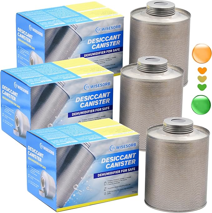 750 Grams 3 Pack Gun Safe Dehumidifier, Reusable Canister Desiccant Dehumidifier, Rechargeable 1.65 Lbs Indicating Silica Gel Orange To Green, Pack of 3 by Wisesorb