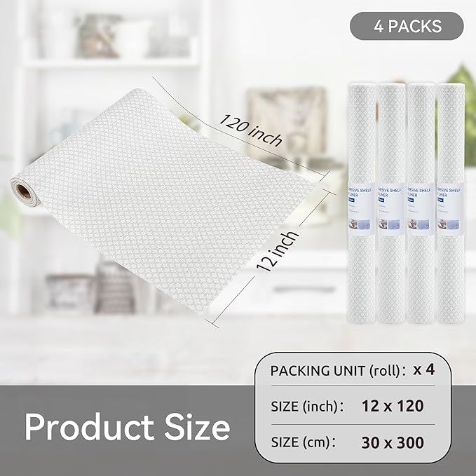 FIFTY FEET 12"x120" Non-Adhesive Shelf Liner for Kitchen Cabinets and Drawers, Washable Non-Slip PVC Cabinet Liner (White Circle)(4 Roll) - Image 5