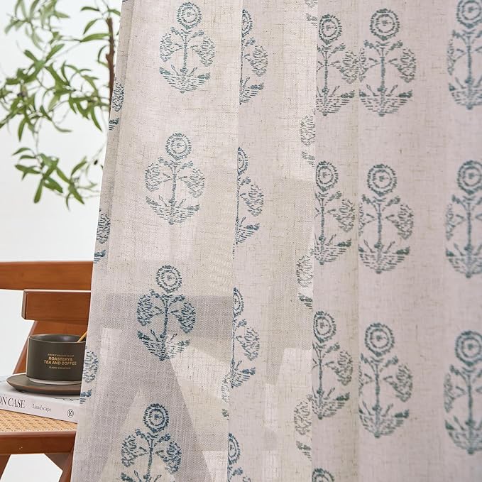 jinchan Linen Floral Curtains for Living Room 63 Inch Length Blue Flower Cottage Core Farmhouse Curtains Rod Pocket Back Tab Boho Semi Sheer Window Drapes Bedroom Set 2 Panels Blue on Beige - Image 3