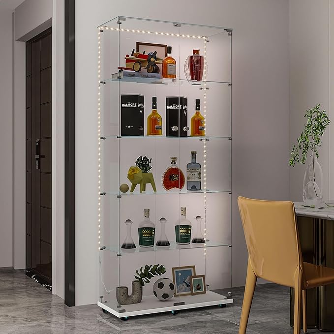 Yoluckea 5 Tiers Glass Display Cabinet with Bluetooth LED Light Strip, 2 Doors Floor Standing Curio Cabinet with Universal Wheel for Home Office Display,White Glass Bookshelf for Collections,Clear Top - Image 6