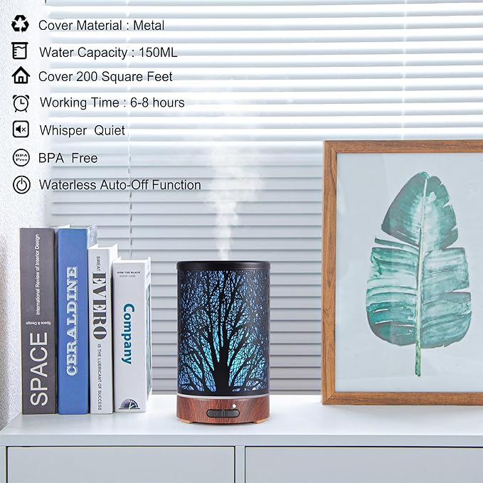 Essential Oils Diffuser for Home,150ML Aromatherapy Diffuser,Birthday Gifts for Women mom,Metal Cool Mist Humidifier with 7 Colors Lights Waterless Auto Off Air Diffusers(Tree) - Image 3