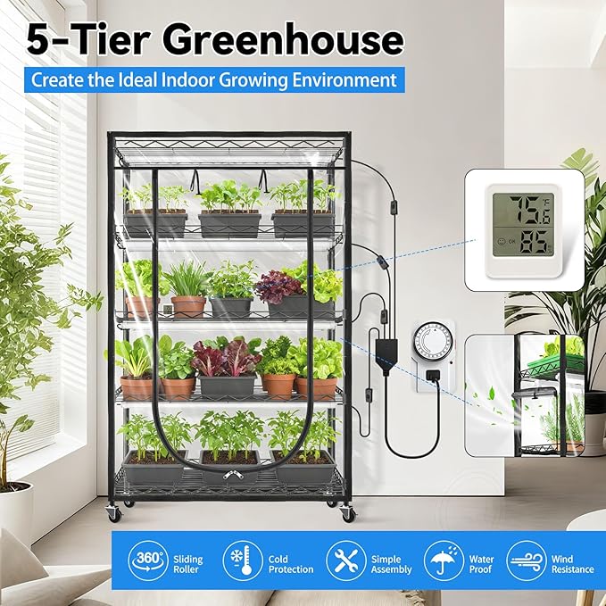JESLED Indoor Greenhouse with Grow Light, 3FT Full Spectrum 5000K LED Light for Seed Starting, Tiered Lighting Control, Built-in Timer & Thermo-Hygrometer, Rolling Metal Plant Stand (35.4x13.8x70IN) - Image 3