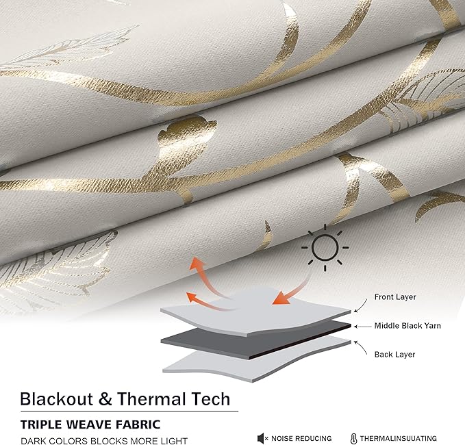 BUHUA Blackout Curtains Gold Foil Print Flower Vine Grommet Drapes, Room Darkening Thermal Insulated Curtains, Noise Reducing Curtain for Bedroom, Natural, 52Wx63L, 2 Panels - Image 5