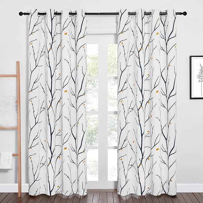 NICETOWN Branch Fall Curtains for Living Room 84 inches Long, Grommet Blackout Light Blocking Thermal Curtains & Drapes Artistic with Flower Petals for Bedroom, Navy Blue, 2 PCs, W52 x L84 by NICETOWN