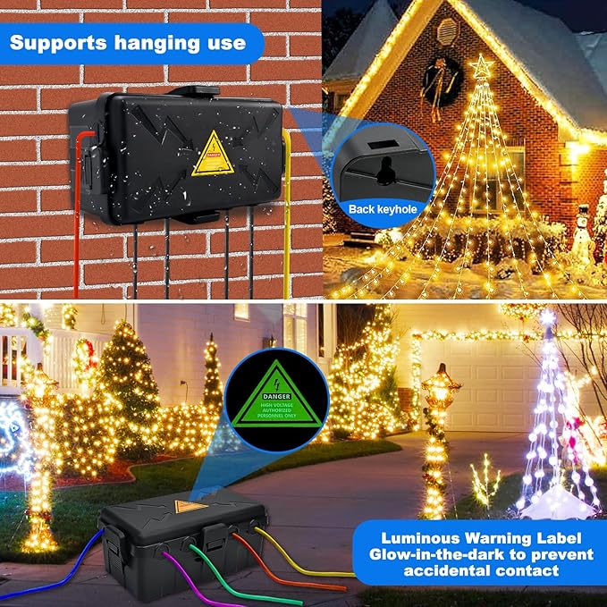 Hrensaw Medium Outdoor Electrical Box(10.6x5.5x4.5inch),Weatherproof Connection Box w/6 Cable Entry,IP54 Waterproof Extension Cord Cover Protect Power Strip,Timer,Plug,Holiday Lights,Black - Image 6