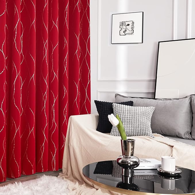 Deconovo Short Blackout Curtains, Christmas Red Curtain, Thermal Insulated Soundproof Drapes, Wave Line Dots Foil Print, 38 x 54 Inch, 2 Panels, Machine‑Washable Window Drape for Kitchen Small Window - Image 4