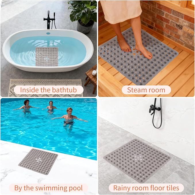Anti-Slip Bathtub Shower mat, 20.8×20.8（Approximately 53×53cm） inch Soft Oversized Machine Washable Non-Slip Bathtub mat with Drainage Holes, Bathroom Floor Suction Cup.（1-Clear Gray） - Image 6