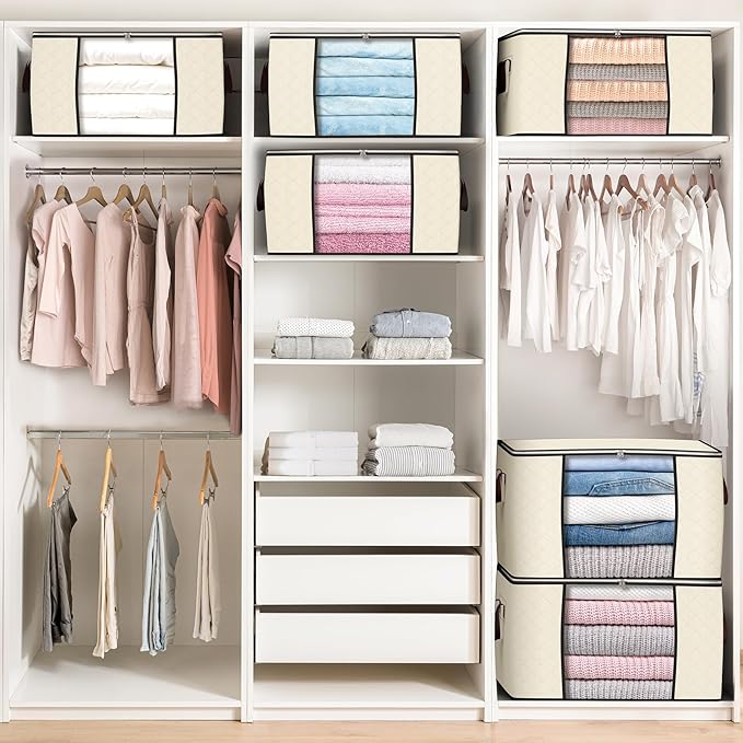 Budding Joy 90 L Large Storage Bags, 10 Pack Clothes Storage Bins Foldable Closet Organizers Storage Containers with Reinforced Handle for Clothing, Blanket, Comforters, Bed Sheets, Pillows (Beige) - Image 2