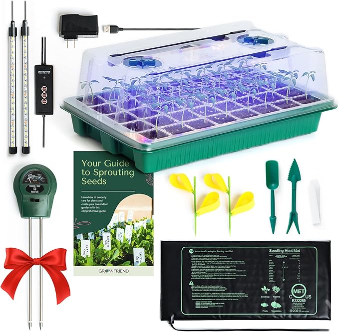 Seed Starter Kit with Grow Lights & Heat Mat – 40-Cell Seed Starter Tray, Humidity Dome, Soil Moisture Meter & Sticky Gnat Traps – Indoor Greenhouse & Plant Propagation Station by GROWFRIEND