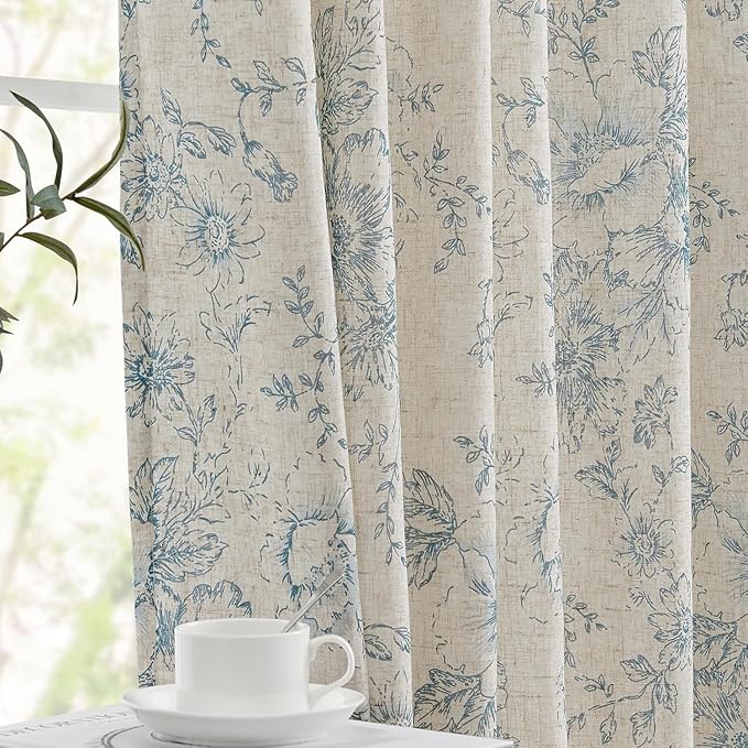 jinchan Linen Blend Curtain Floral Curtains for Living Room 90 Inch Length Blue Printed Curtain Rod Pocket Back Tab Farmhouse Peony Flower Patterned Drapes Bedroom Window Curtains Set 2 Panels by JINCHAN