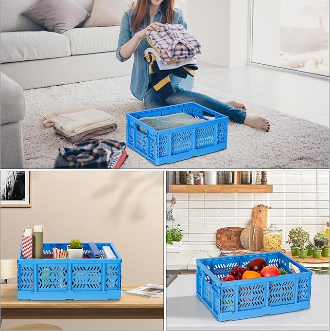 Heavy Duty Plastic Milk Crates for Storage, 4-Pack Stackable Storage Bins for Organizing, Collapsible Storage Basket with Handle for Groceries, Suitable for Home Office School Store, Blue - Image 2