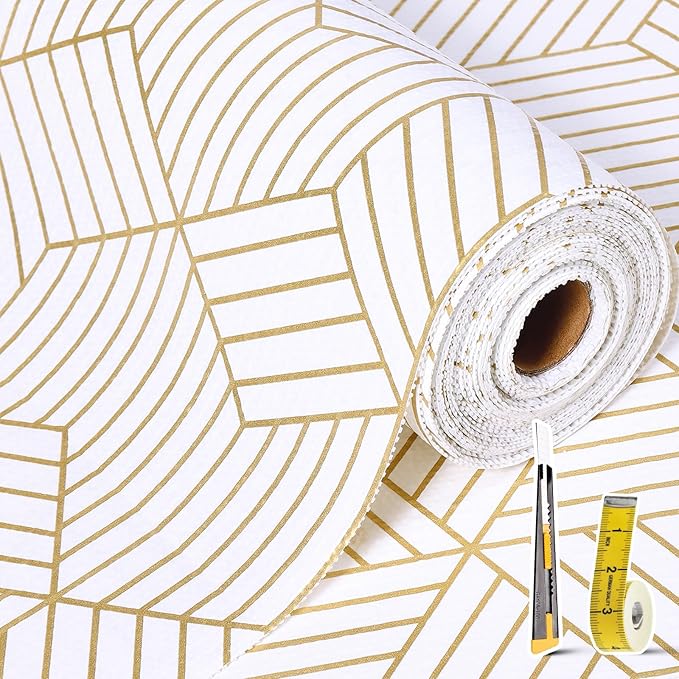 Shelf Liners for Kitchen Cabinets Non Adhesive Shelf Liner Paper Non-Slip Thickened Drawer Liner Easy to Clean for Tool Box Refrigerator with Knife and Tape Measure, Gold Geometric, 11.8 x 118 in by Oneoftheworld