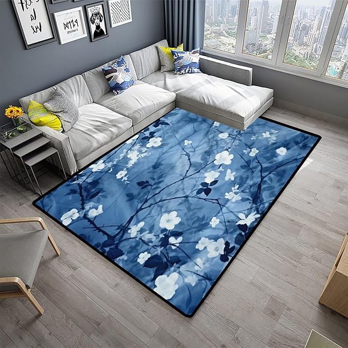 Blue Watercolor Floral Pile Carpet - Moisture Barrier, Fade, Flame, Quick Dry, Stain Resistant Floor Carpet for Living Room Bedroom, 48 x 72 Inch - Image 2