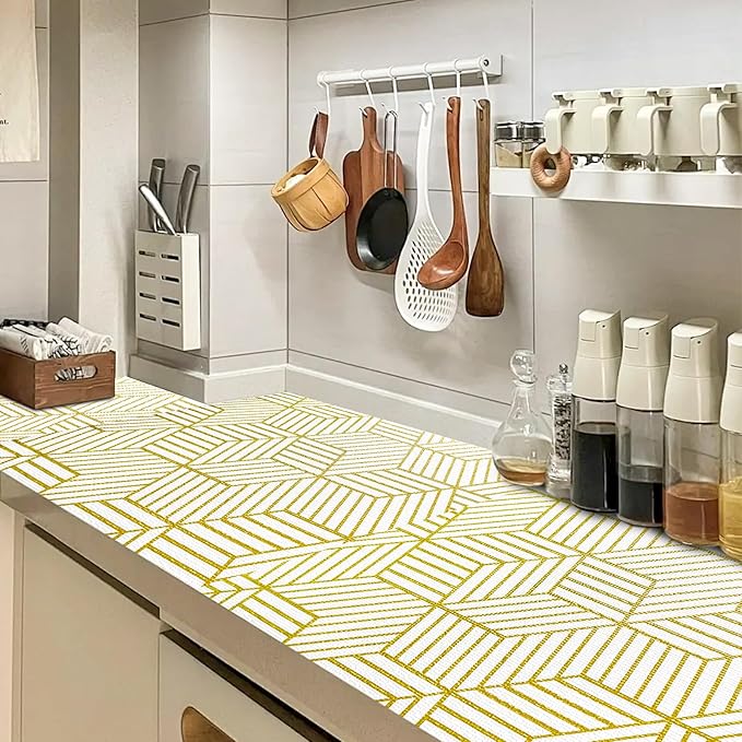Shelf Liners for Kitchen Cabinets 12IN x 10FT, Non Adhesive Cabinet Liner Strong Non-Slip Thickened Gold Geometric Drawer Liner, Easy to Clean for Shelf, Cabinet with Knife and Tape Measure - Image 8