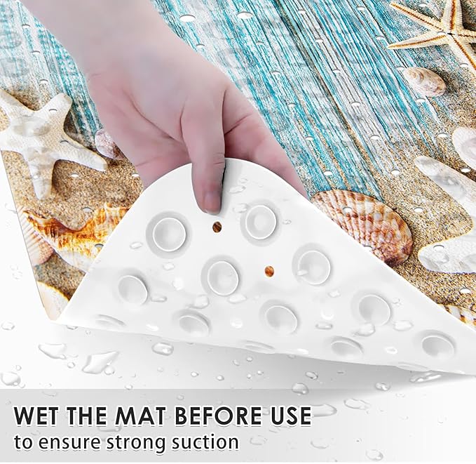 Seashells Summer Bath Mat Non Slip, Space Beach Wood 40 X 16 Inch Extra Long Bathtub Shower Mat for Tub Anti Slip with Suction Cups and Drain Holes for Kids Adults Elderly - Image 3