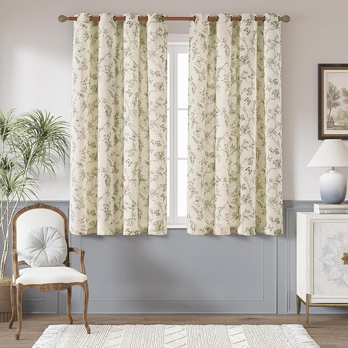jinchan Floral Linen Curtains for Living Room 63 Inch Length Butterfly Sage Green Floral Curtains French Country Farmhouse Flower Patterned Drapes Window Treatments Set 2 Panels by JINCHAN