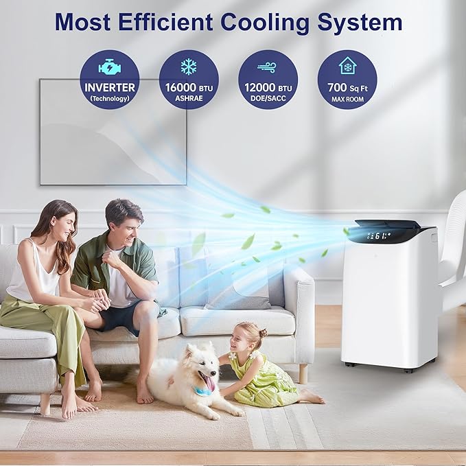 Inverter 16000BTU Portable Air Conditioners with Remote, Free Stand Cooling Portable AC Unit for Room up to 800 sq.ft, with Dehumidifier & Fan, Dual Hose, Quiet Sleep Mode(45dB), Windows Kit - Image 3